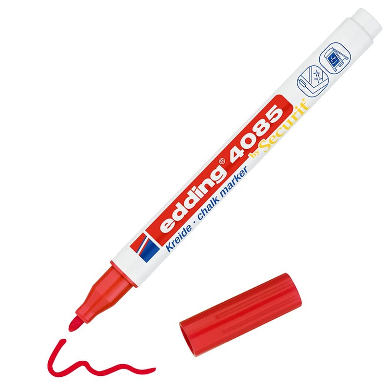 edding 4085 chalk marker - red - 1 chalk pen - round nib 1-2 mm - fine-nib wet wipe pen for chalkboards, windows, glass, mirrors - liquid chalk marker pens for opaque coverage - Image 1